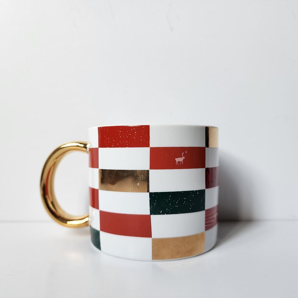 Caribou Coffee Mug Patchwork 2022 Tea Cup 12 Oz White Red Green Gold Christmas
